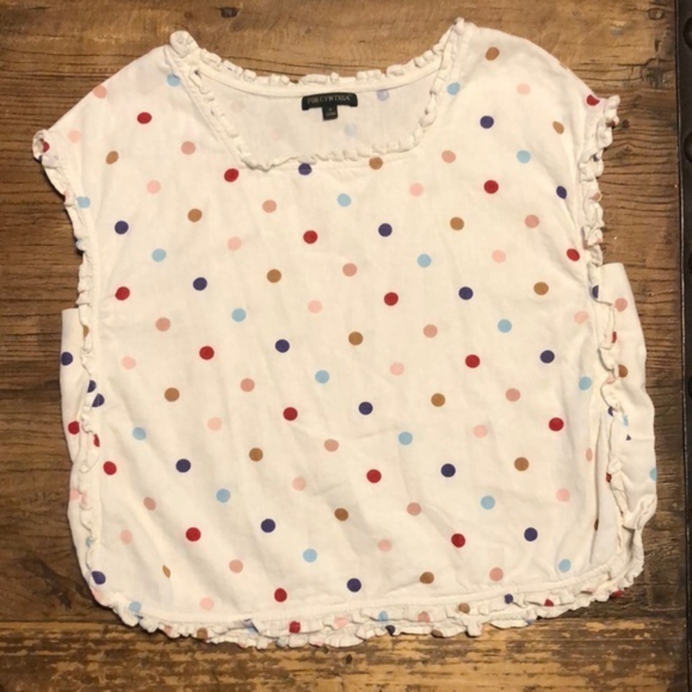 For Cynthia White Linen Ruffle Polka Dot Boxy Tee M23